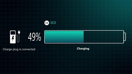 Electric car charging animation background. showing charger icon and loading number. lectric vehicle battery indicator showing an increasing battery charge filling up to 100 km - Powered by Adobe