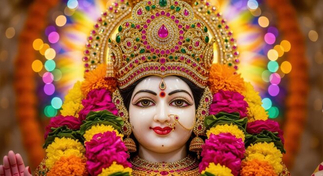 Devi Maa adorned with colorful flowers and radiant lights