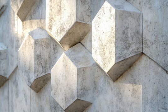 Geometric concrete wall with hexagonal shapes, textured surface, and interplay of light and shadow. - Powered by Adobe