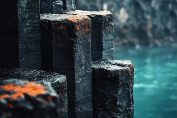 Dark basalt columns near teal water, a stunning natural formation showcasing rugged texture and color contrast.