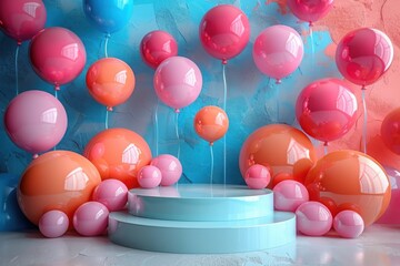 Display with balloons and a light blue circular pedestal