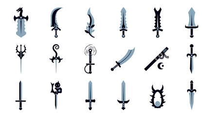 Set of fantasy weapon icons featuring swords, daggers, and blades in a two-tone silhouette style.