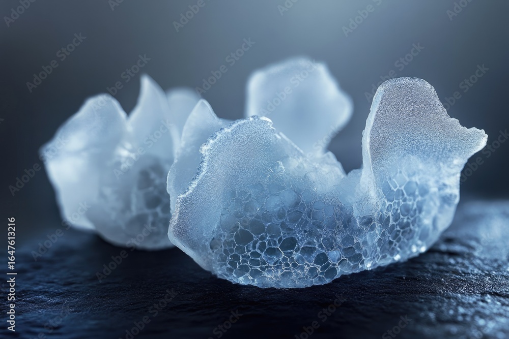 Poster close-up of two translucent, porous objects resembling ice formations or delicate sculptures on a da