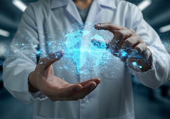 A medical professional is holding a digital representation of the human brain in a futuristic setting