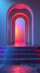 Illuminated arches with stairs in a vibrant color gradient