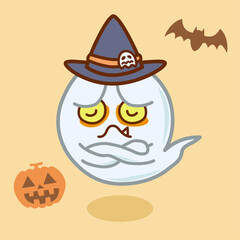 ハロウィンで考え事をしている怖い目つきのおばけのイラスト／Halloween illustration of a scary-looking ghost thinking