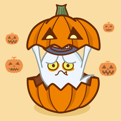 ハロウィンでカボチャの中から登場する怖い目つきのおばけのイラスト／Illustration of a scary-looking ghost appearing from a pumpkin on Halloween