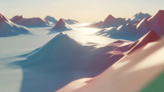 Stylized lowpoly mountains under a soft hazy sun
