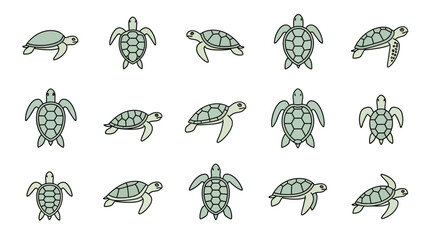 Set of stylized green sea turtle illustrations with black outlines, depicted in various swimming poses from top and side views.