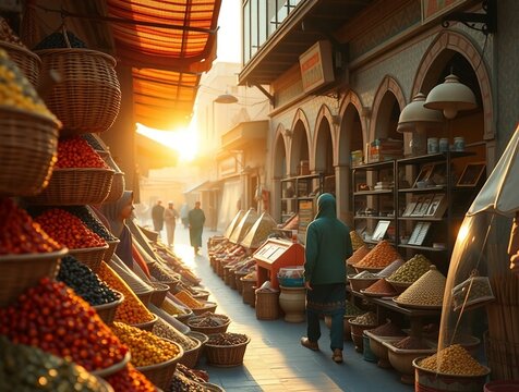 Sun-drenched alley of a traditional bazaar filled with vibrant aromatic spices and market stalls during a golden hour sunset.