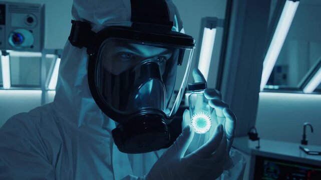 A scientist in protective gear examines a glowing vial with intense focus, highlighting the importance of safety and innovation in research and experimentation in a high-tech lab environment.