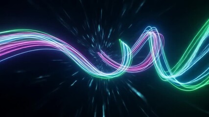 Swirling neon light trails in a dark starburst background - Powered by Adobe