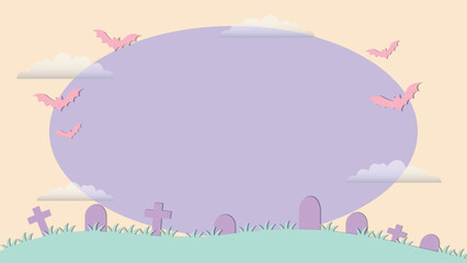 Cute pastel Halloween background featuring a graveyard, tombstones, bats, and a purple sky, perfect for seasonal greeting cards, invitations, and party decorations.