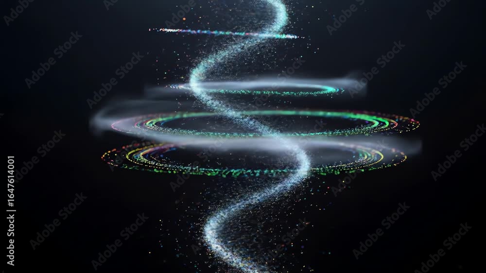 Poster Swirling particle stream with colorful rings against a dark background