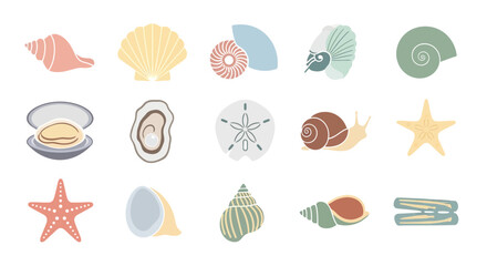 Stylized collection of colorful seashell and marine life icons, including clam, starfish, sand dollar, and snail in a flat design.