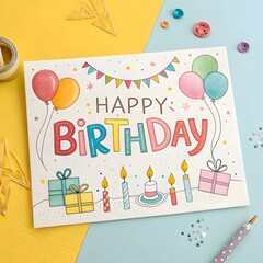 Happy Birthday Card with Birthday Cake, Celebration Greeting, Party Invitation, Festive Design, Birthday Wishes