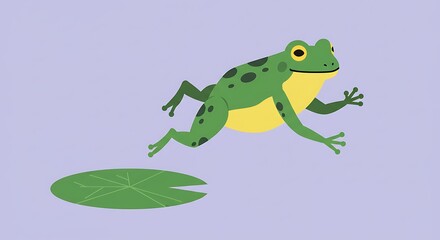 Fototapeta premium Green frog leaping cartoon vector graphic on light violet background
