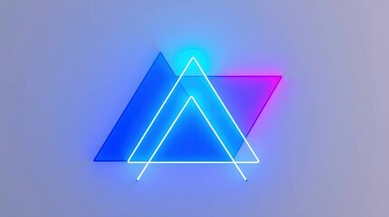 Geometric composition featuring blue and magenta triangles behind a luminous white neon triangle