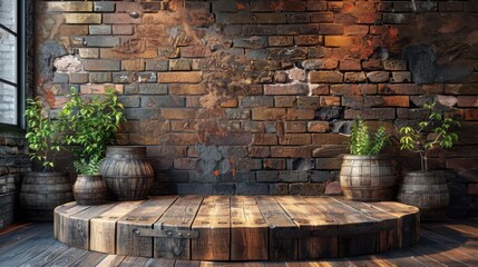 Wooden platform with brick wall and potted plants backdrop