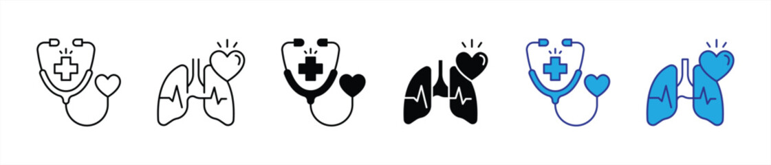 medical checkup and vital health icon set. contain stethoscope, heartbeat, lungs, solid, healthcare, diagnosis, wellness application thin line and flat symbol sign. vector illustration