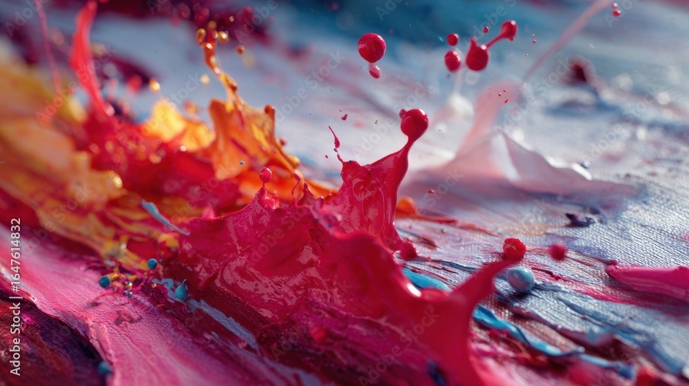 Poster vibrant hues of red, yellow, and white exploding onto a canvas, creating a dynamic abstract artwork 
