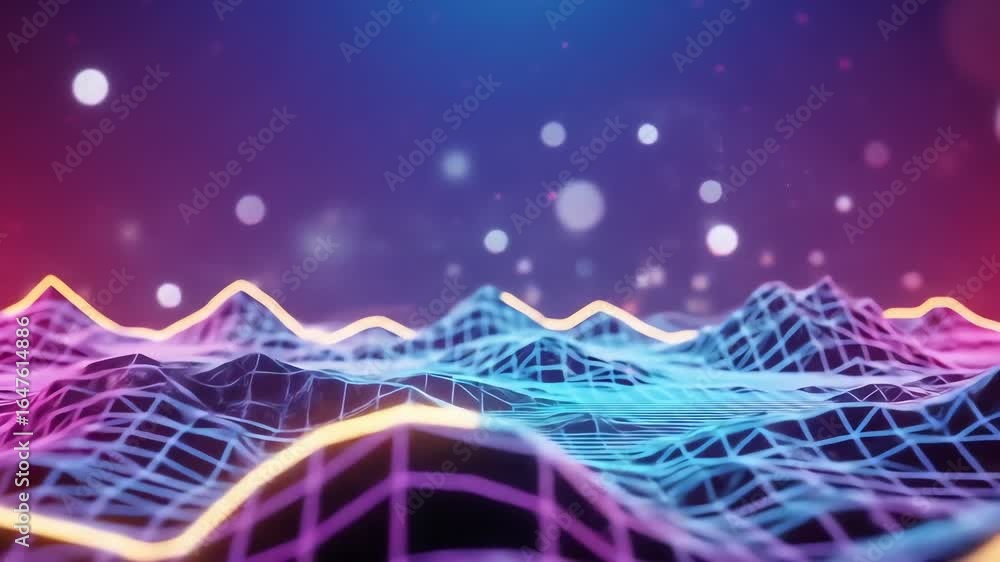 Poster wireframe landscape with neon lines and bokeh lights