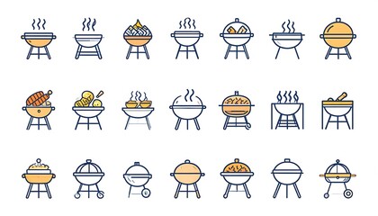Diverse assortment of barbecue grill icons representing outdoor cooking and summer gatherings