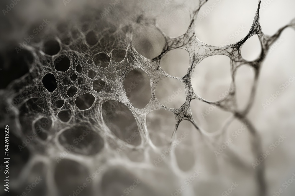 Aufkleber close-up of a spiderweb showing intricate, delicate threads and irregular holes.
