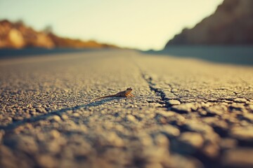 A small lizard basks on a cracked asphalt road, bathed in the warm golden light of sunset.
