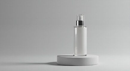 A pristine, high-key studio shot of a single, elegantly designed skincare bottle on a simple pedestal. The light is soft and diffused, highlighting the product's texture and luxury feel.  