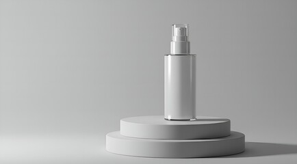 A pristine, high-key studio shot of a single, elegantly designed skincare bottle on a simple pedestal. The light is soft and diffused, highlighting the product's texture and luxury feel.  