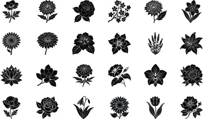 Fototapeta premium Black Floral Silhouette Vector Icons Set – Botanical Flowers and Plants Clipart Bundle for Patterns, Logos, and Digital Design
