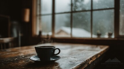 Steaming cup of coffee on rustic wooden table by rain-speckled window, evoking cozy warmth and peaceful solitude on a misty, overcast day