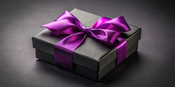 An elegantly wrapped dark gift box with a rich purple ribbon, a perfect symbol of thoughtful presentation and celebratory surprise