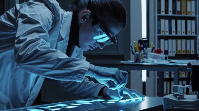 A scientist meticulously examines a series of glowing slides under advanced lighting in a lab environment, showcasing precision and attention to detail in research.