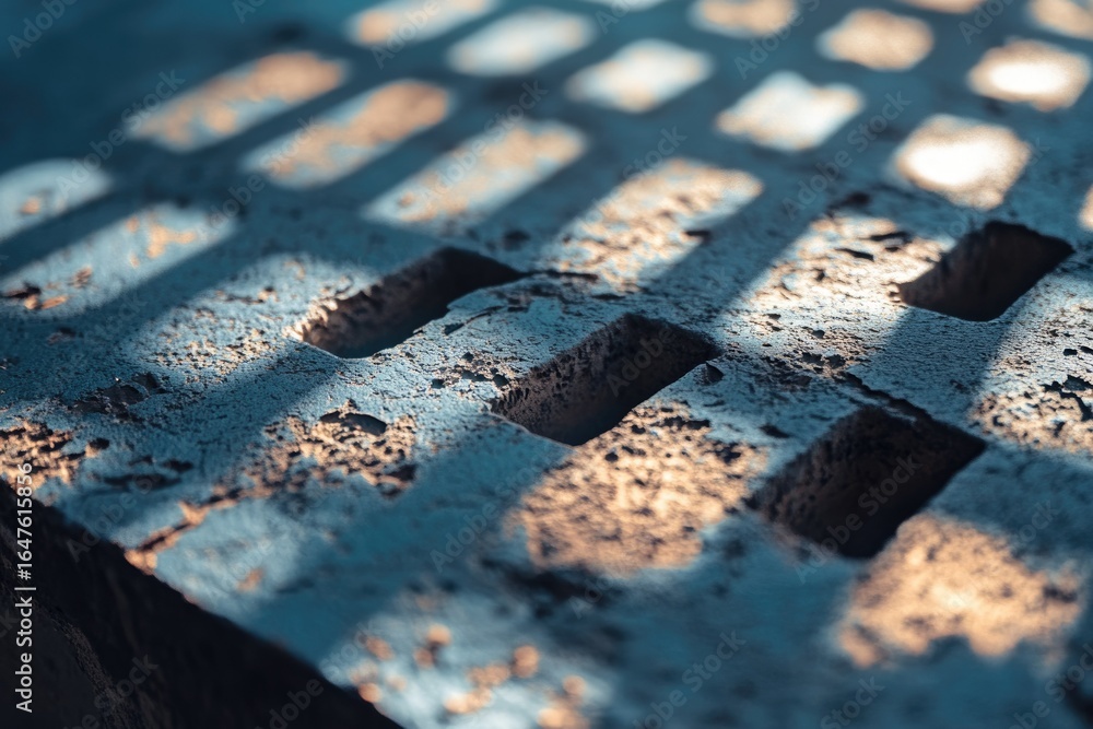 Poster close-up of a textured, porous surface with grid-like shadows cast upon it.
