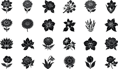 Black Floral Silhouette Vector Icons Set – Botanical Flowers and Plants Clipart Bundle for Patterns, Logos, and Digital Design