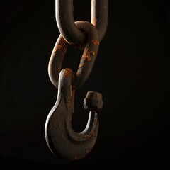 Obraz premium Rusty Metal Chain and Hook in Dark Setting Symbolizing Strength and Industrial Heritage Closeup