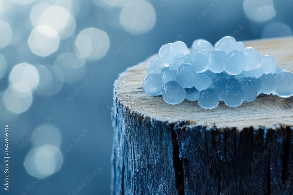Poster close-up of translucent blue spheres resting on a frost-covered tree stump against a bokeh backgroun