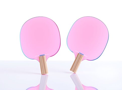 Pink Ping Pong Partners: Two sleek, pink ping pong paddles sit in perfect unison, ready for a game. A modern and playful vision, showcasing the joy of leisure. - Powered by Adobe