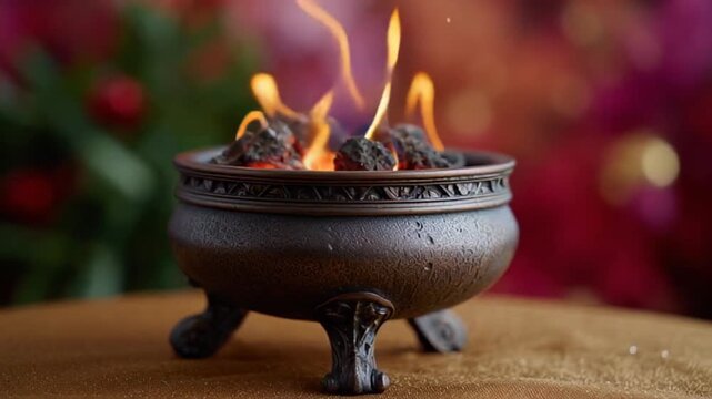 Ornate incense burner with glowing coals, exuding warmth and elegance, evokes a sense of tranquility and spiritual ambiance, perfect for meditation or Diwali celebration