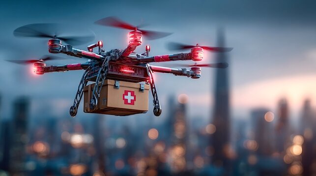 Medical drone delivering first aid kit over city skyline