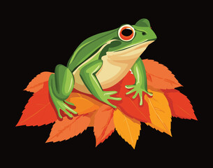 Realistic Green Frog on a Pile of Autumn Leaves on Dark Background