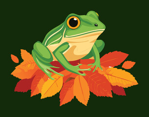  A Realistic Green Frog Sitting on a Pile of Autumn Leaves