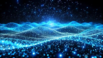 Abstract blue glowing particles forming a digital landscape with a starry night sky