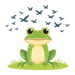 A Cute Frog Character Watching Many Birds Fly Away