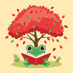  A Little Frog Character Reading a Book under a Tree