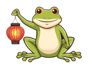 A Green Frog Character Holding a Small Red Lantern