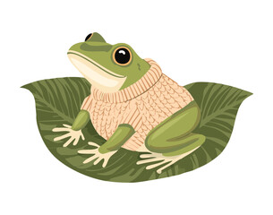 Peaceful Frog Character Lying Down on a Big Leaf
