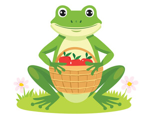 Green Frog Character Holding a Basket of Apples